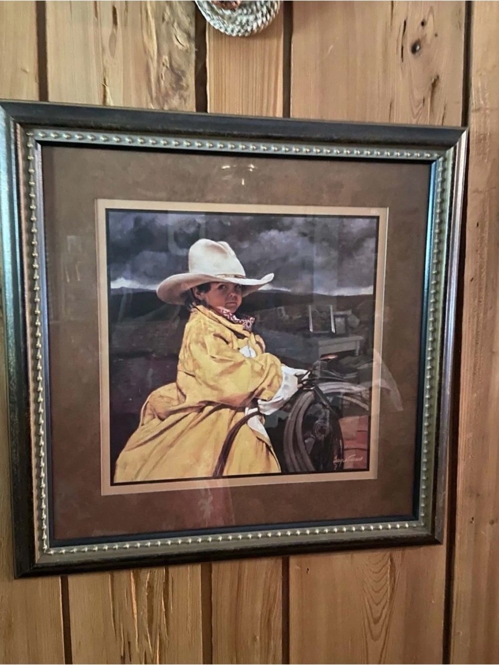 Home Interiors Cowgirl Print with Yellow Coat and White Hat